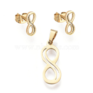 Infinity 304 Stainless Steel Jewelry Sets, Pendants and Stud Earrings, with Ear Nuts, Golden, 22x8x1mm, Hole: 5.5x3.3mm, 11x4.5mm, Pin: 0.7mm(SJEW-K154-11G)