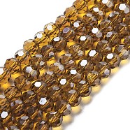 Electroplate Transparent Glass Beads Strands, Faceted(32 Facets), Round, Pearl Luster Plated, Dark Goldenrod, 8mm, Hole: 1mm, about 66~69pcs/strand, 19.29~19.57 inch(49~49.7cm)(EGLA-A035-T8mm-A04)