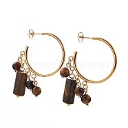 304 Stainless Steel Dangle Stud Earrings, Half Hoop Earrings, with Ear Nuts, Natural Tiger Eye Beads and Flower Alloy Spacer Beads, 33x30mm, Pin: 0.6mm(EJEW-JE04203-04)