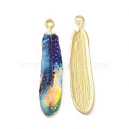 Rack Plating Alloy Pendants, Printed, Lead Free & Cadmium Free & Nickel Free, Feather Charm, Light Gold, Sky Blue, 36.5x8x1.5mm, Hole: 1.8mm(FIND-H043-02LG-05)