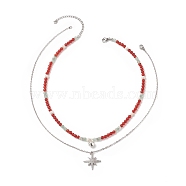 2Pcs 2 Style Clear Cubic Zirconia Star Pendant Necklaces Set, Natural Red Agate & Green Aventurine & Pearl Beaded Stackable Necklaces for Women, Red, 18.35 inch(46.6cm), 16.50 inch(41.9cm), 1Pc/style(NJEW-JN04199)