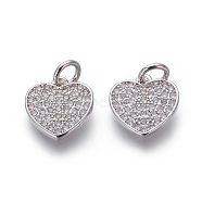 Brass Micro Pave Cubic Zirconia Charms, Lead Free & Cadmium Free, Clear, Heart, Platinum, 10.5x10.5x1.5mm, Hole: 3mm(ZIRC-J021-22P-RS)