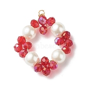 Wire Wrapped Electroplate Glass & Glass Pearl Pendants, Flower, Red, 29x26x6.5mm, Hole: 2mm(PALLOY-TAC0029-01)