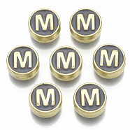 Alloy Enamel Beads, Cadmium Free & Nickel Free & Lead Free, Flat Round with Initial Letters, Light Gold, Letter.M, 8x4mm, Hole: 1.5mm(X-ENAM-S122-028M-NR)