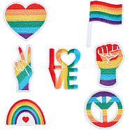 Gorgecraft 14Pcs 7 Style Rainbow/Pride Flag Theme Computerized Embroidery Cloth Iron On Patches, Costume Accessories, Appliques, Mixed Color, 40~69x30~61x1.2~1.7mm, 2pcs/style(PATC-GF0001-18)