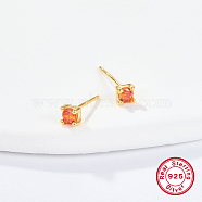 Golden Sterling Silver Micro Pave Cubic Zirconia Stud Earring, Square, Orange, 4x4mm(XN7792-1)