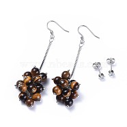 Earring Sets, with Natural Tiger Eye Round Beads, Cubic Zirconia and Stainless Steel Findings, Cardboard Jewelry Boxes, 72~74mm, Pin: 0.6mm, 13~13.5x4.5mm, Pin: 0.7mm(EJEW-JE03226-02)