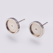 201 Stainless Steel Stud Earring Settings, with 304 Stainless Steel Pins, Flat Round, Stainless Steel Color, Tray: 8mm, 10x2mm, Pin: 0.8mm(STAS-I088-F-02P)