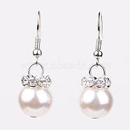 Glass Pearl Beads Dangle Earrings, with Brass Rhinestone Spacer Beads and Brass Earring Hooks, Silver Color Plated, Beige, 35mm(EJEW-JE02180-04)