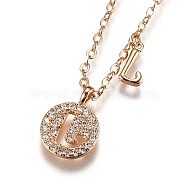 Brass Micro Pave Clear Cubic Zirconia Double Letter Pendant Necklaces, with Cable Chains, Letter.L, 14-3/4 inch(37.6cm)(NJEW-Z010-12)