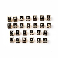 Rack Plating Brass Enamel Beads, Cadmium Free & Nickel Free & Lead Free, Real 18K Gold Plated, Cube with Letter A`Z, Black, 6x6x6mm, Hole: 2.5mm(KK-B060-04G-01)