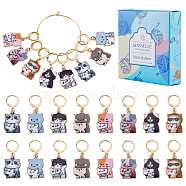 16Pcs 8 Style Cat Shape Alloy Enamel Pendant Locking Stitch Markers, Crochet Leverback Hoop Charms, Mixed Color, 3.7cm, 2pcs/style(HJEW-SC00034)