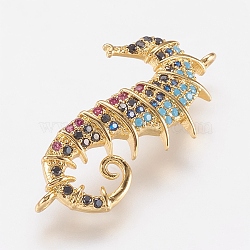 Brass Micro Pave Cubic Zirconia Links, Sea Horse, Real 18K Gold Plated, 30x15x3mm, Hole: 1mm(X-ZIRC-G103-10G)