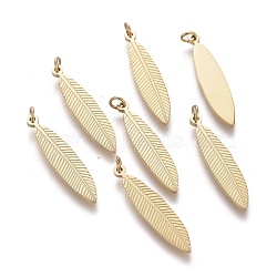 Ion Plating(IP) 304 Stainless Steel Pendants, with Jump Rings, Laser Cut, Feather, Golden, 20x4.5x1mm, Hole: 1.5mm(X-STAS-I164-044G)