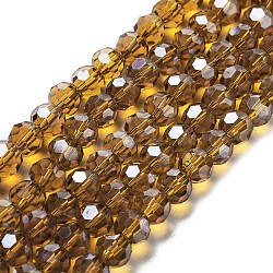 Electroplate Transparent Glass Beads Strands, Faceted, Round, Pearl Luster Plated, Dark Goldenrod, 8mm, Hole: 1mm, about 66~69pcs/strand, 19.29~19.57 inch(49~49.7cm)(EGLA-A035-T8mm-A04)