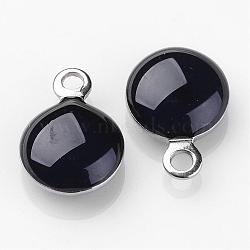 Stainless Steel Enamel Charms, Enamelled Sequins, Flat Round, Black, 11x8x3mm, Hole: 1mm(STAS-P049-09)