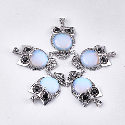Opalite Big Pendants, with Rhinestone and Alloy Findings, Owl, Antique Silver, 50x32x9.5~10mm, Hole: 4.5x9mm(G-S353-01C)