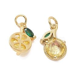 Brass Micro Pave Cubic Zirconia Charms, with Jump Ring, Lemon, Yellow & Green, Real 18K Gold Plated, 11x7x3.5mm, Hole: 2.5mm(ZIRC-G169-03G)