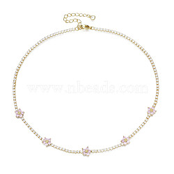 Cubic Zirconia Classic Tennis Necklace with Flower Links, Golden Brass Jewelry for Women, Pink, 14.37 inch(36.5cm)(NJEW-N048-01F)