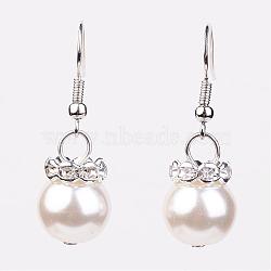 Glass Pearl Beads Dangle Earrings, with Brass Rhinestone Spacer Beads and Brass Earring Hooks, Silver Color Plated, Beige, 35mm(EJEW-JE02180-04)