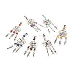 Tibetan Style Alloy Woven Net/Web with Feather Pendants, with Natural & Synthetic Mixed Gemstone and 304 Stainless Steel Lobster Claw Clasps, Mixed Color, 3.5 inch (90mm)(HJEW-JM00595)