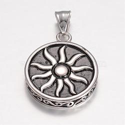 304 Stainless Steel Pendants, Flat Round Carved Sun, Antique Silver, 33x27x5.5mm, Hole: 7.5x5mm(STAS-D441-16AS)