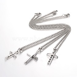 Tarnish Resistant 304 Stainless Steel Rolo Chain Cross Pendant Necklaces, with Lobster Claw Clasps, Stainless Steel Color, 15.7 inch(40cm)(NJEW-JN01287)