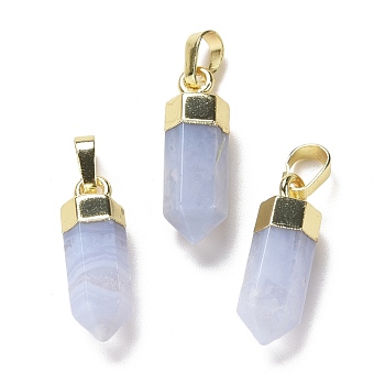 Natural Blue Lace Agate Pendants, with Brass Findings, Bullet, Golden, 19~21x7mm, Hole: 4x6mm
