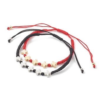 Unisex Adjustable Nylon Cord Braided Bead Bracelets Sets, with Brass Beads, Cross, Platinum & Golden, Mixed Color, Inner Diameter: 2 inch(5.2cm)~3-3/4 inch(9.6cm), 2pcs/set