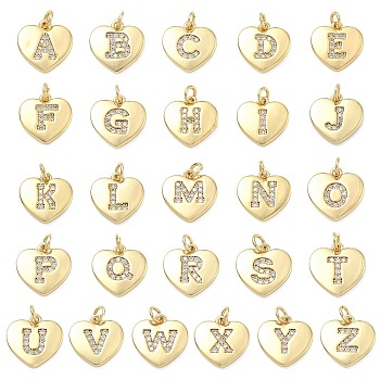 Brass Micro Pave Clear Cubic Zirconia Pendants, Cadmium Free & Lead Free, Rack Plating, Long-Lasting Plated, Letter A~Z Charms, Real 18K Gold Plated, 15x15x2mm, Hole: 3mm, about 26pcs/set