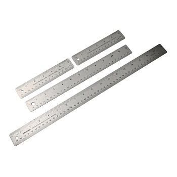 AHADEMAKER 4Pcs 3 Style Stainless Steel Rulers, Sewing Tools, with Anti-Slip Cork Bottom, Rectangle, Stainless Steel Color, 32x161~466.5x1.5mm, Hole: 7mm