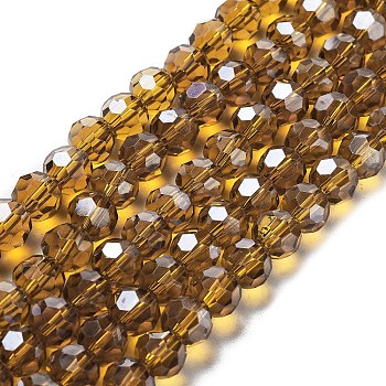 Electroplate Transparent Glass Beads Strands, Faceted, Round, Pearl Luster Plated, Dark Goldenrod, 8mm, Hole: 1mm, about 66~69pcs/strand, 19.29~19.57 inch(49~49.7cm)