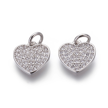 Brass Micro Pave Cubic Zirconia Charms, Lead Free & Cadmium Free, Clear, Heart, Platinum, 10.5x10.5x1.5mm, Hole: 3mm