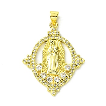 Brass Micro Pave Clear Cubic Zirconia Pendants, Rhombus with Goddess, Real 18K Gold Plated, 33x26.5x2.5mm, Hole: 4x3mm