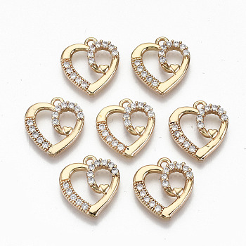 Brass Micro Pave Cubic Zirconia Pendants, Light Gold, Long-Lasting Plated, Cadmium Free & Lead Free, Heart, Clear, 15x13.5x3mm, Hole: 1.5mm