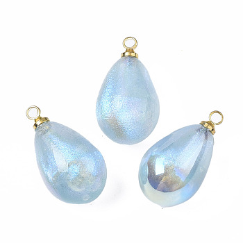 ABS Plastic Imitation Pearl Pendants, with Brass Findings, AB Color Plated, Teardrop, Light Blue, 17.5x10mm, Hole: 1.5mm