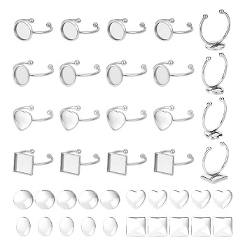 DIY Blank Cuff Ring Making Kit, Including 304 Stainless Steel Open Ring Components, Glass Cabochons, Heart & Square & Oval, Stainless Steel Color, 40Pcs/box