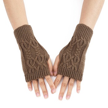 Acrylic Fiber Yarn Knitting Fingerless Gloves, Winter Warm Gloves with Thumb Hole, Camel, 200x70mm