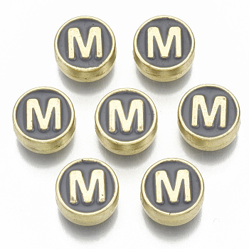 Alloy Enamel Beads, Cadmium Free & Nickel Free & Lead Free, Flat Round with Initial Letters, Light Gold, Letter.M, 8x4mm, Hole: 1.5mm
