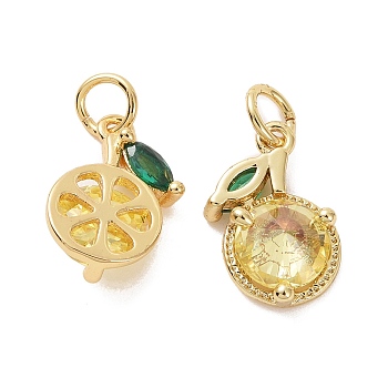 Brass Micro Pave Cubic Zirconia Charms, with Jump Ring, Lemon, Yellow & Green, Real 18K Gold Plated, 11x7x3.5mm, Hole: 2.5mm