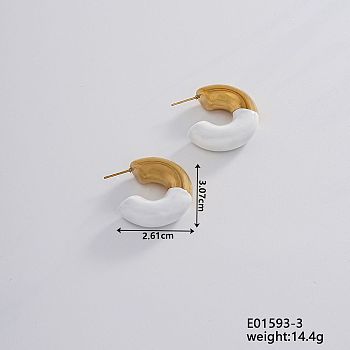 Vintage Retro Stainless Steel C-Shaped Stud Earrings for Women, Elegant and Stylish, Golden, White, 30.7x26.1mm