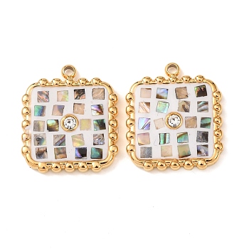 304 Stainless Steel Enamel Pendants, Square Charms, with Shell & Rhinestone, Golden, White, 18x15.5x3mm, Hole: 1.4mm