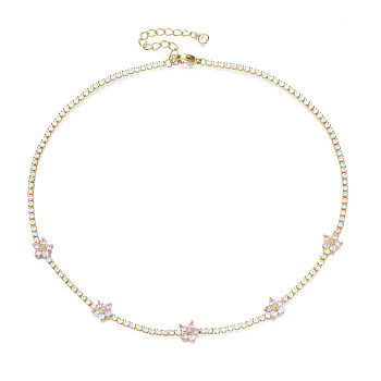 Cubic Zirconia Classic Tennis Necklace with Flower Links, Golden Brass Jewelry for Women, Pink, 14.37 inch(36.5cm)