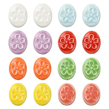16Pcs 8 Colors Handmade Porcelain Ceramic Beads, Oval with Flower Pattern, Bright Glazed Porcelain, Mixed Color, 17.5x14x6mm, Hole: 2mm, 2pcs/color