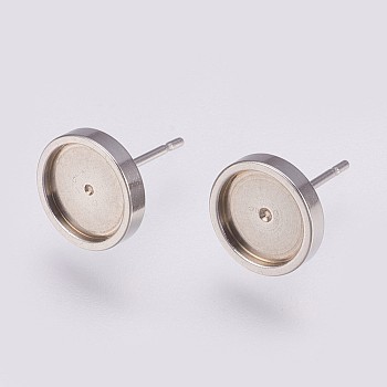 201 Stainless Steel Stud Earring Settings, with 304 Stainless Steel Pins, Flat Round, Stainless Steel Color, Tray: 8mm, 10x2mm, Pin: 0.8mm