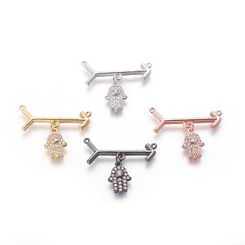 Brass Micro Pave Cubic Zirconia Pendants, Hamsa Hand/Hand of Fatima /Hand of Miriam & Arrow, Clear, Mixed Color, 23mm, Hole: 0.8mm