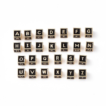 Rack Plating Brass Enamel Beads, Cadmium Free & Nickel Free & Lead Free, Real 18K Gold Plated, Cube with Letter A`Z, Black, 6x6x6mm, Hole: 2.5mm