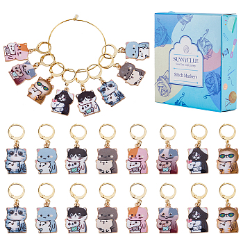 16Pcs 8 Style Cat Shape Alloy Enamel Pendant Locking Stitch Markers, Crochet Leverback Hoop Charms, Mixed Color, 3.7cm, 2pcs/style