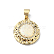 Brass Micro Pave Clear Cubic Zirconia Pendants, with Sythetic Opal, Flat Round, Real 18K Gold Plated, 19x16.5x3.5mm, Hole: 4.5x3.5mm(KK-A221-05G)