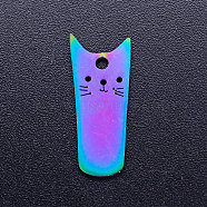 Ion Plating(IP) 201 Stainless Steel Kitten Pendants, Rectangle with Cat Shape, Rainbow Color, 20x8x1mm, Hole: 1.6mm(STAS-Q201-JN216)